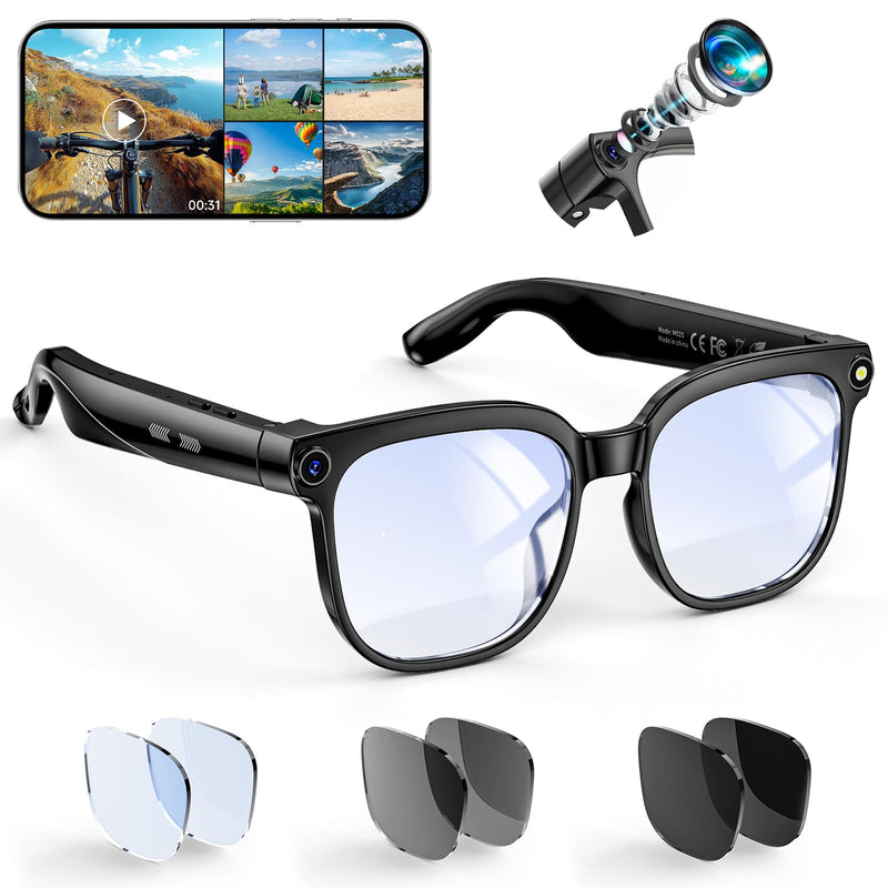 Hwagol Smart Glasses with Camera, 8MP HD Photo and Video Recording,AI Camera Glasses with Real-Time Translation/Object Recognition/AI Voice Q&A/Recording, Calls and Music,Comes with 3 Pairs of Lenses Black