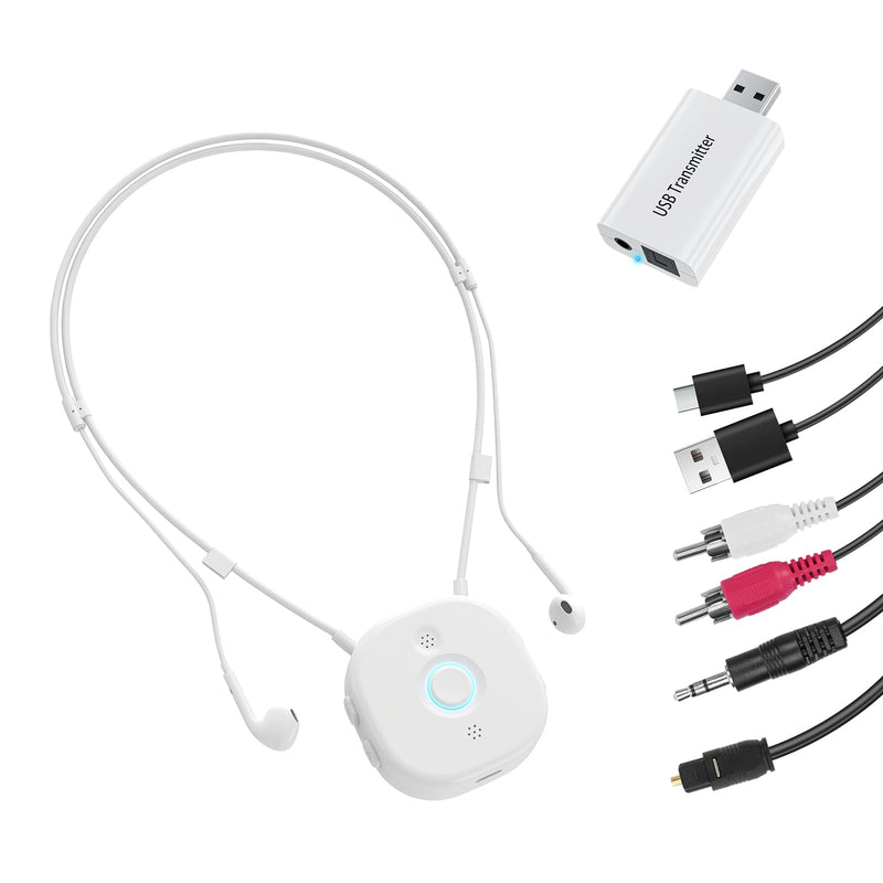 Neckband Earbuds with Independent L/R Volume Control, AptX LL, 100 ft Range, Large Buttons TV Headphones Wireless for Seniors Hearing, Semi-In-Ear Headphones Compatible USB/Optical/RCA/3.5mm Audio Out