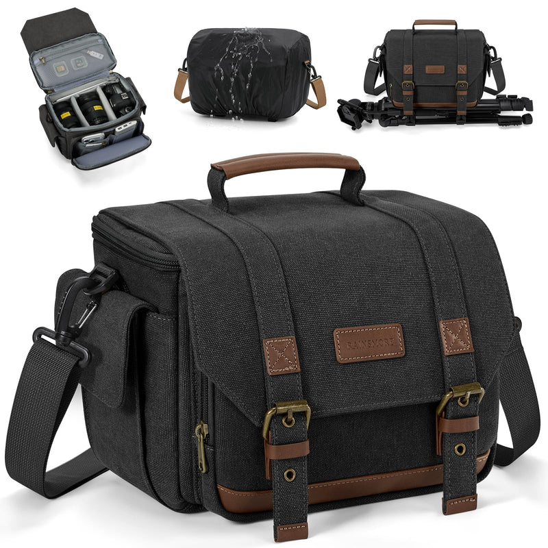 RAINSMORE Camera Sling Bag Canvas Crossbody Camera Case with Rain Cover | Water-Resistant Camera Shoulder Bag for DSLR Mirrorless Compact Camera Bags with Removable Dividers, Tripod Holder for Travel Black
