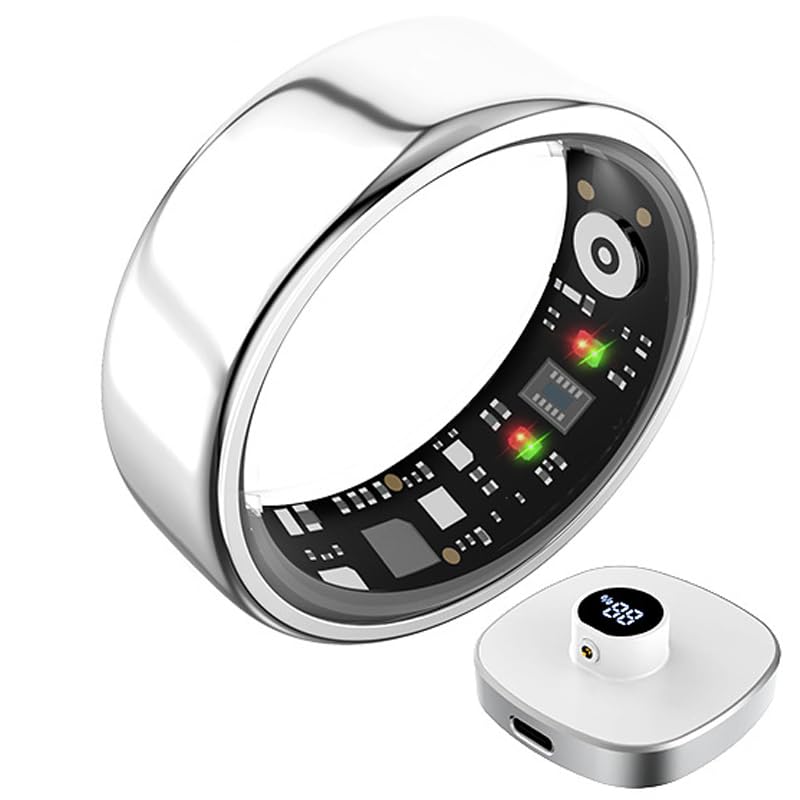 Resnan Unisex Smart Health Ring, 500mAh Long Battery Fitness Tracker, Heart Rate SpO2 Sleep Stress Temperature Monitor, Gesture Control IP68 Waterproof App Connected (Silver, 7) Silver