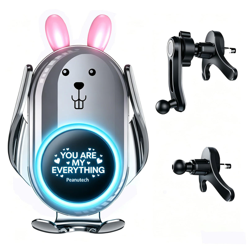 Cute Silver Rabbit Wireless Fast Charge Car Holder, Auto Clamp Vehicle Phone Mount