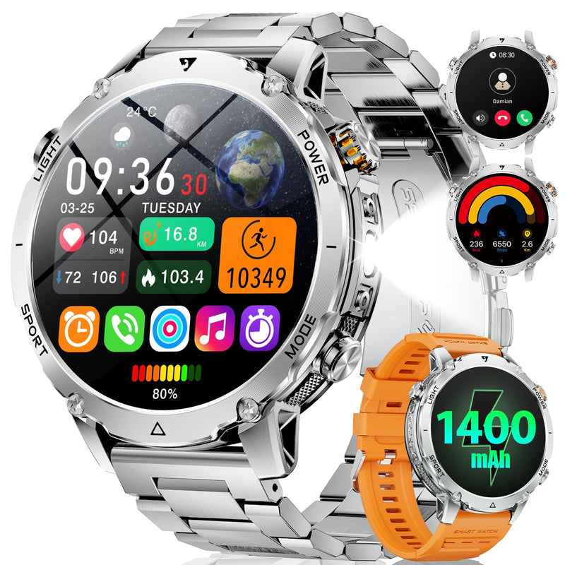 LIGE Military Smart Watch for Men, 1400mAh 60-Days Battery, 1.85" HD Smartwatch with LED Flashlight, 100+ Sports Mode, IP68 Waterproof, Pedometer, Fitness Watch for Android iOS (Sliver) Sliver
