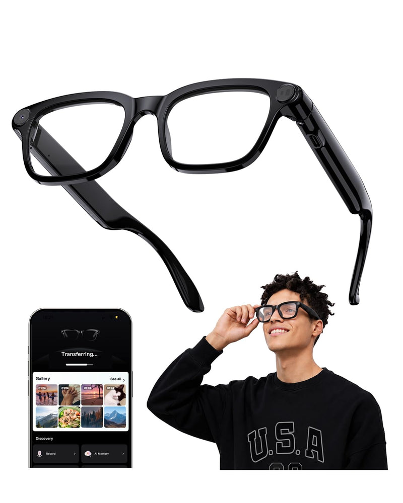 AI Smart Glasses with Camera, 4K POV Recording, Transparent Lens | 8MP photos, AI real-time translation, Object recognition, Bluetooth 5.4 open-ear audio for travel, work, and daily use