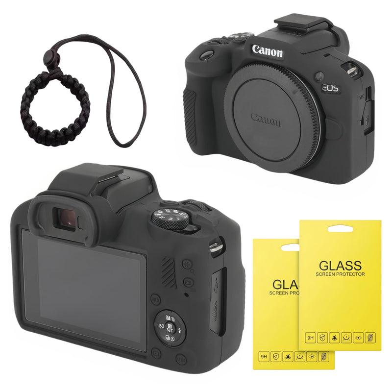 Case for Canon EOS R100 Camera, EOS R100 Accessories (Black) | Soft Silicone Shockproof Protective Cover with Anti-Scratch & Non-Slip Grip, Includes 2 Screen Protectors + 1 Wrist Strap Black