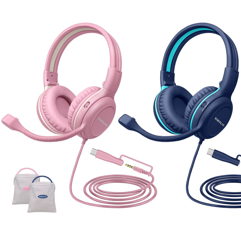 SIMOLIO-Kids-Headphones-School with-USB-C to 3.5mm Dongle, Boom-Microphone | 75/85/94dB Volume Limit,Mute Button,Bag, Stereo Over-Ear Wired Headset for iPad,iPhone,Tablet,Boy,Girl,Gaming,Travel,Airplane Rose & Navy USB C & 3.5mm