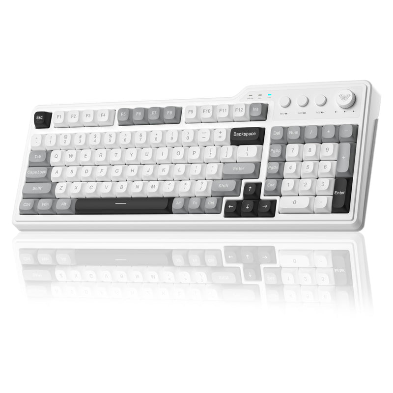 Aula F3099 Wireless Keyboard with Media Knob, Tri-Mode BT5.0/2.4GHz/USB-C Cute Creamy Keyboard with Number Pad, RGB Backlit Gaming Keyboard, Quiet Typing Computer Keyboards for Office Laptop/PC Black&White&Grey