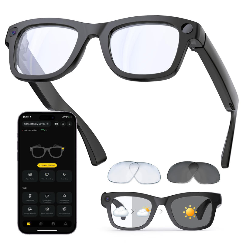 AI Smart Glasses, 8MP Camera Glasses and Audio, AI Translation Sunglasses for Men & Women, Bluetooth Glasses with Voice/Calling, 8 Hours of Music, Photochromic Lenses Photochromic:Transparent to Gray