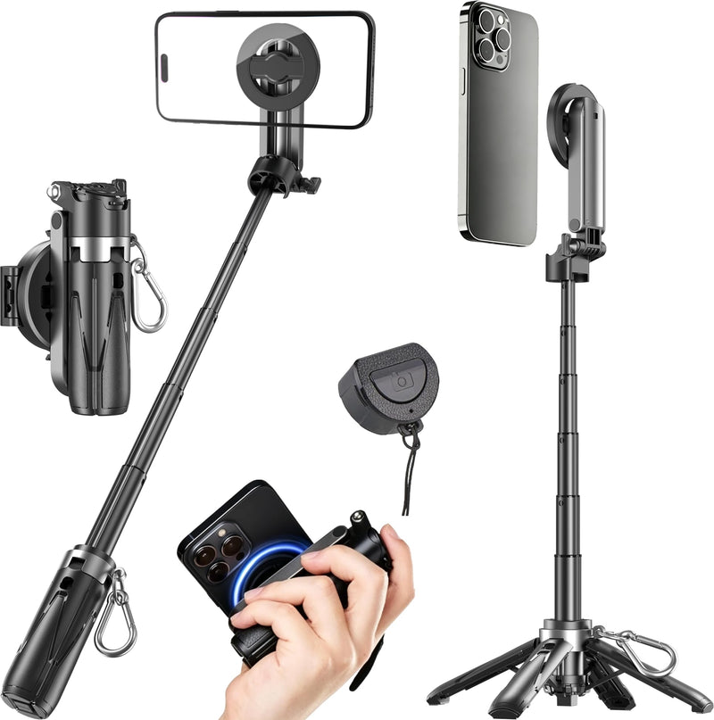 Magnetic Tripod Stand for Phone, Pocket Selfie Stick | 4.72" Folded Extends to 16.34", 210° Tilt 360° Rotation, Cell Phone Tripod for iPhone / Android 16in