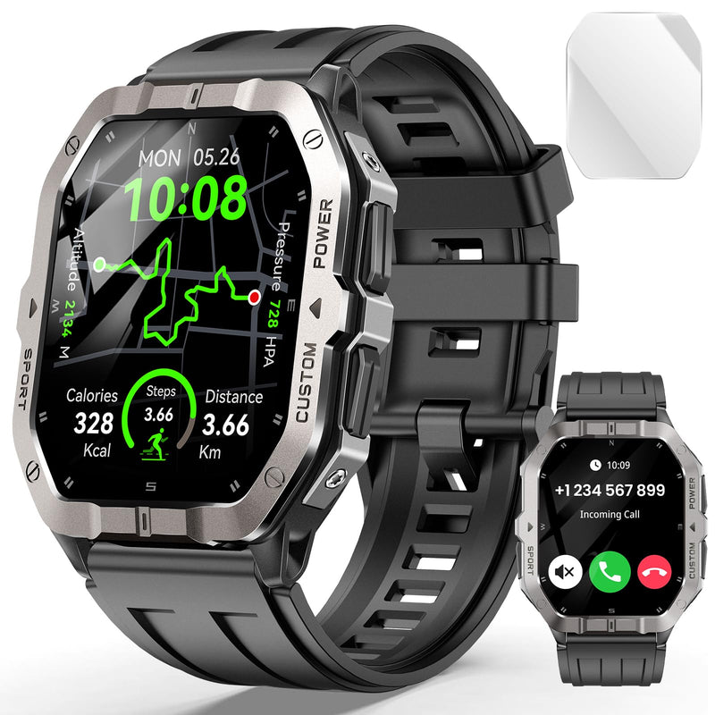 Military Smart Watches Built-in GPS, Bluetooth Call 2.02'' Smart Watches for Men, Heart Rate Monitor, Sleep Monitor, 2 ATM Waterproof, 100+ Sports Modes for Android iPhone grey Min:190mm Max:250mm