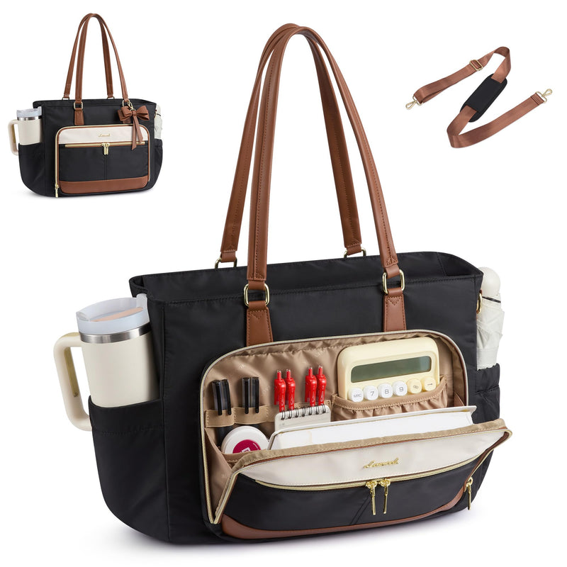 LOVEVOOK Teacher Tote Bag for Women, Work Laptop Tote, Computer Briefcase | Large Cup Holder, Nurse Bag for Travel, Business & Office, Bible Bag with Shoulder Strap, Gift Black-beige-brown 15.6 Inch