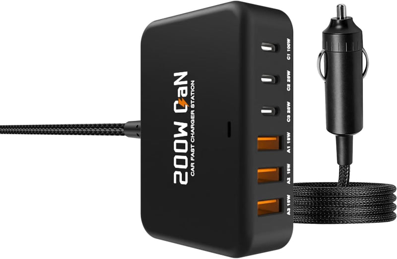 200W USB C Car Charger, 6 Port Multi Fast Charging Car Charger with PD 100W 3.0 PPS, Laptop Car Charger Compatible with MacBook, Galaxy S26/S25, Dell, HP& Other Electronics - Simultaneous Charging