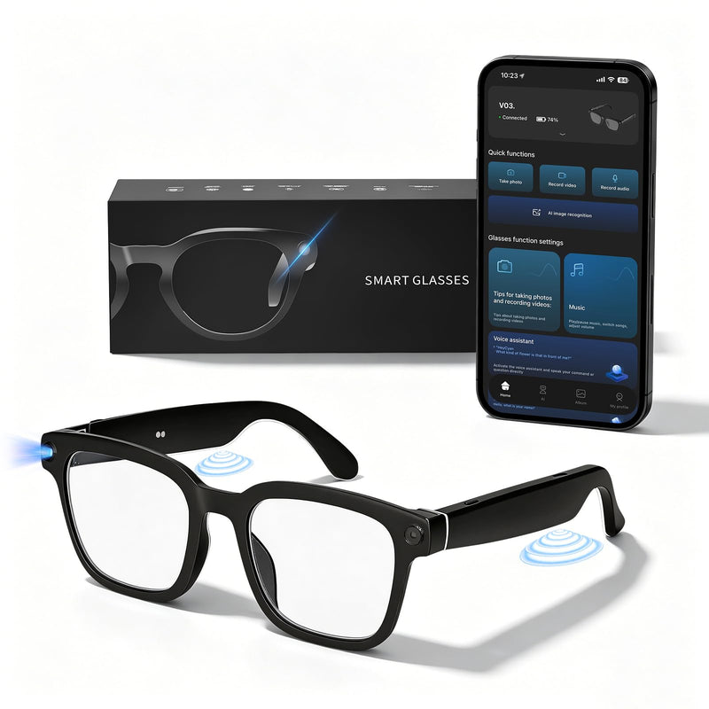 Smart Glasses with Camera and Bluetooth,HD Video Recording,Clear Lens | Voice Control,Open-Ear Bluetooth Audio, Hands-Free Calls Multi-Language Translation, Anti-Shake Video Photo Capture Black-Clear Lens