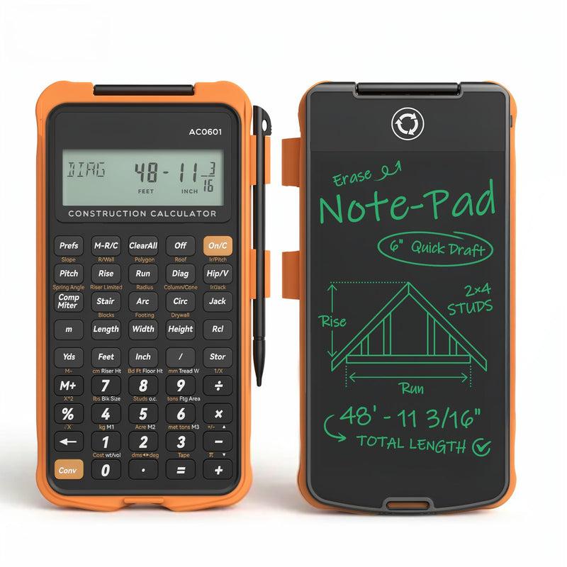 Construction Calculator Engineering Calculator with Writing Tablet | Professional Math Tool for Contractors, Carpenters, Feet-Inch-Fraction Converter with Sturdy Protective Cover Gray Orange Construction Calculator with Writing Tablet