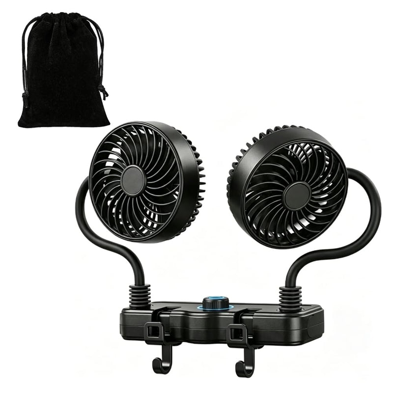3000mAh Rechargeable Car Seat Fan, Dual Head 360° Flexible Headrest Fan for Car Backseat, Quiet USB Vehicle Cooling Fan with Storage Hooks for Rear Facing, Pets, SUV