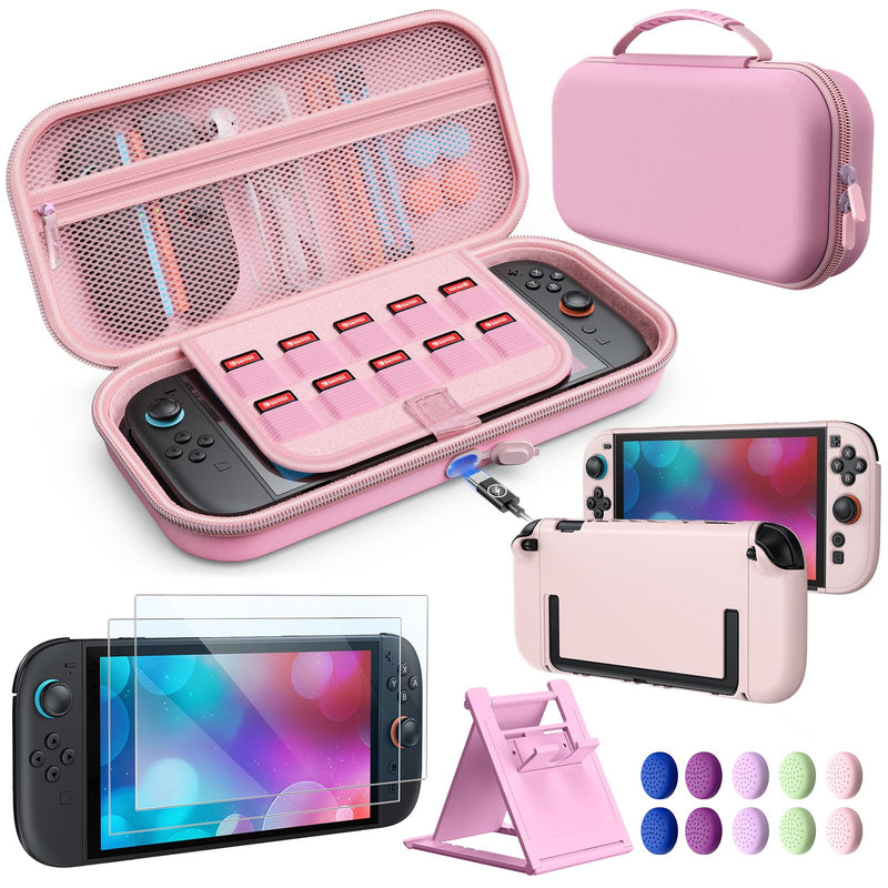 Switch 2 Accessories, Case Bundle for Nintendo Switch 2 Console | FYOUNG 16 IN 1 Kit:Carrying Case,Protective Shell, Screen Proetctor, Grip for Joycon- Pink Switch 2 7.9 Inch