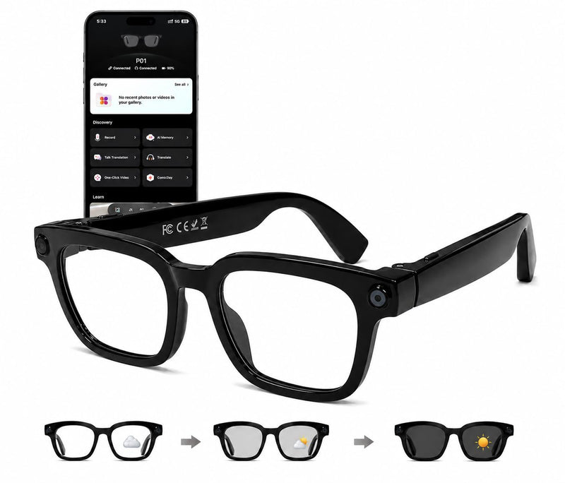 Smart Glasses with Camera for Travel, Recording, Translation, Music Player | 8MP camera, voice control, real-time translation, object recognition, photochromic lenses and open-ear audio