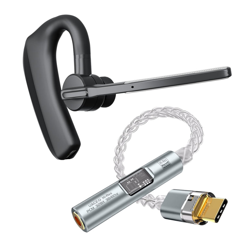 Blue Air Single Sided Bluetooth Headset for Truck Drivers USB‑C DAC Audio Adapter aptX Wireless Earpiece with Dual Noise Canceling Mic 20H Talk Time Swivel Hook Hi‑Res USB‑C to 3.5mm Dongle