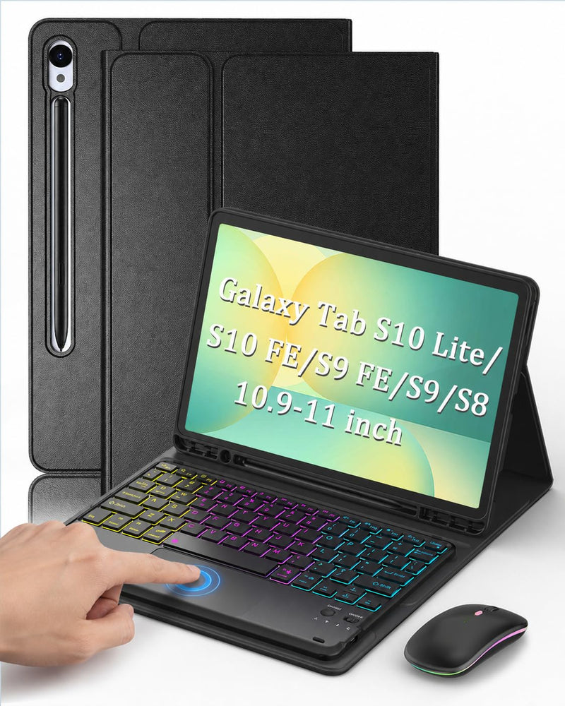 Keyboard Case for Samsung Galaxy Tab S10 Lite / S10 FE / S9 FE / S9 / S8 | 10.9-11 Inch Rainbow Backlit Keyboard Mouse, Multi-Touch Trackpad, S Pen Holder, Auto Sleep/Wake - Black 10.9-11 inch-Tab S10 Lite/ S10 FE/ S9 FE/ S9/ S8