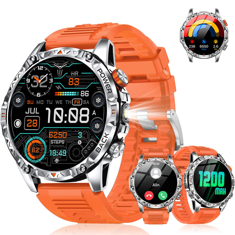 Military Smart Watch for Men, 1.7" AMOLED Display, 1200mAh Battery | Compass & LED Flashlight, Bluetooth Calling, IP68 Waterproof, 100+ Sports Modes, Fitness Tracker, Android & iPhone Compatible