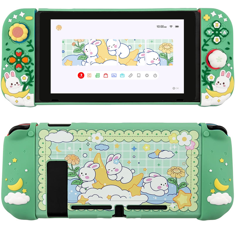 Protective Case for Nintendo Switch, Hard Back Shell + 2 Silicone Ergonomic Controller Covers + 2 Thumb Grips Caps, Cute Rabbit and Flower Cover, Green For Switch