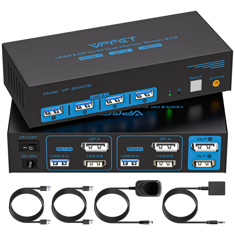 KVM Switch 2 Monitors 2 Computers 4K@60Hz HDMI DisplayPort Dual Monitor | KVM Switches with 4 USB 3.0 Ports, Support Extended/Copy Mode, Perfect for Work, Entertainment & Home Office