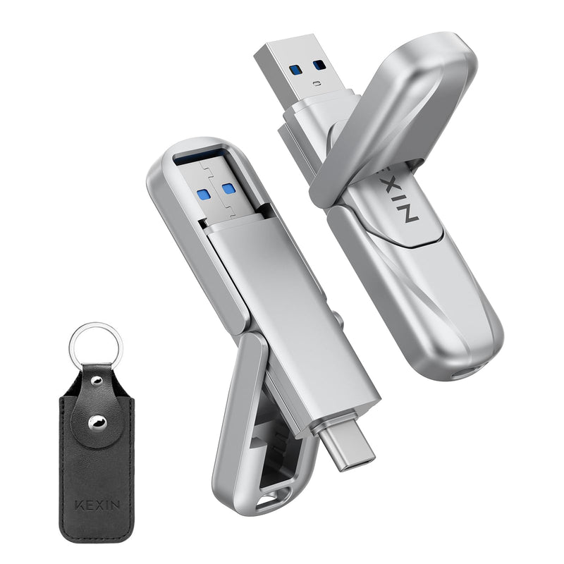 KEXIN 256GB Solid State Drive up to 450MB/s USB 3.2 Gen 1 Dual USB A & USB C Drive Metal for iPhone 15/16/17 Android Smartphone Tablet Game Console Windows Mac 256G silver
