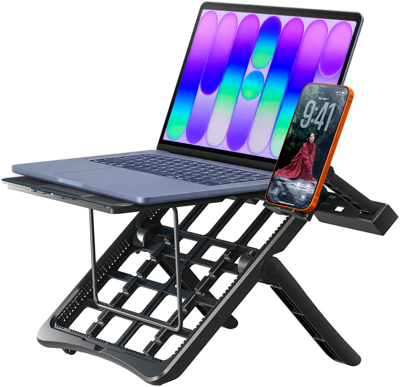 ergounion Adjustable Laptop Stand for Desk, Ergonomic Riser for 10-17" Lap | ABS 4-in-1 sit-stand riser with phone holder. Fits Mac/Dell/HP. Great for students & workers.For office, dorm, travel, gaming