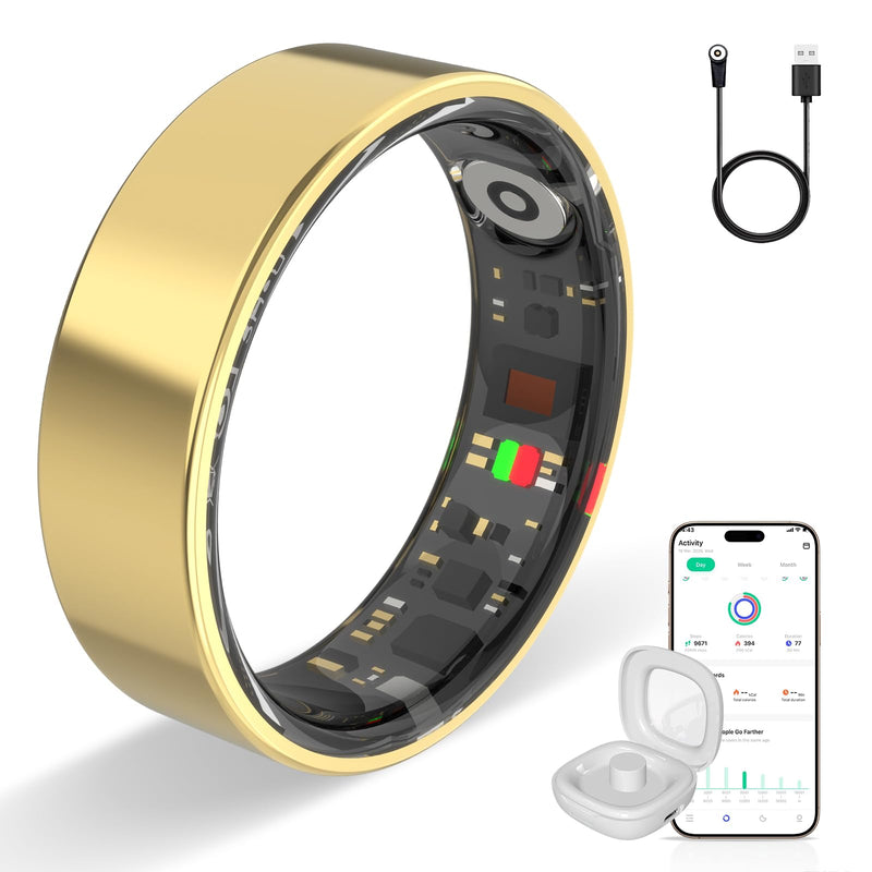 Smart Ring Health Ring Fitness Tracker with 24/7 Sleep Tracking Activity Tracker Step Counter Calorie Fitness Ring for Women & Men iOS & Android (Gold, 8) Gold