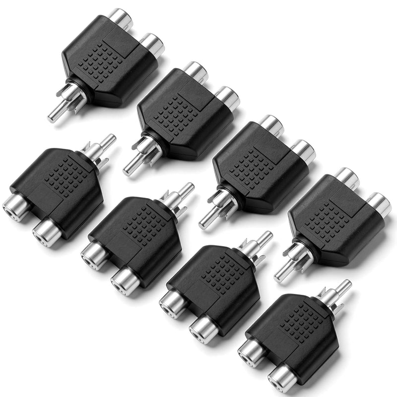 cobee 8 Pcs RCA Splitter, 1 Male to 2 Female RCA Y Splitter Adapter for Audio Video AV TV Cable Conversion(Black+Silver) Black+Silver