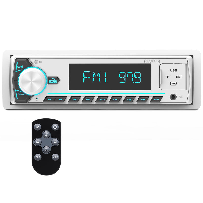 Single Din Bluetooth Marine Radio: Indash Car Stereo Receiver for Boat | Digital LCD Display AM FM AUX SD USB Fast Charging 2 Subwoofer Outputs White