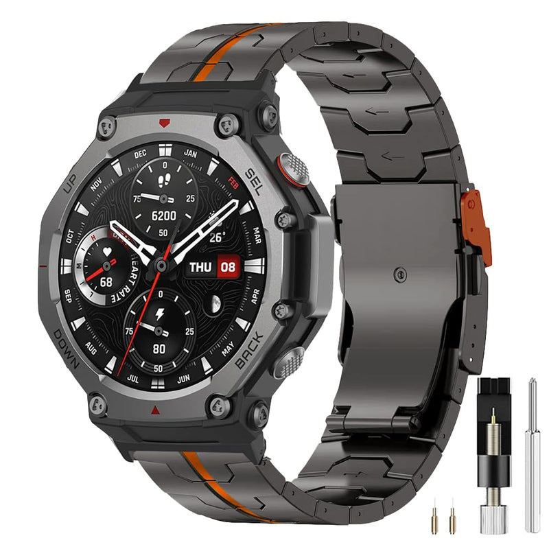 22mm Titanium Metal Band Strap for Amazfit T-Rex 3 for Men | 40% Lighter Than Stainless Steel,Lightweight Hypoallergenic,Fit 6.1" to 8.9" wrists,Fold-Over Clasp,Adjustment Tool Included black orange 22mm