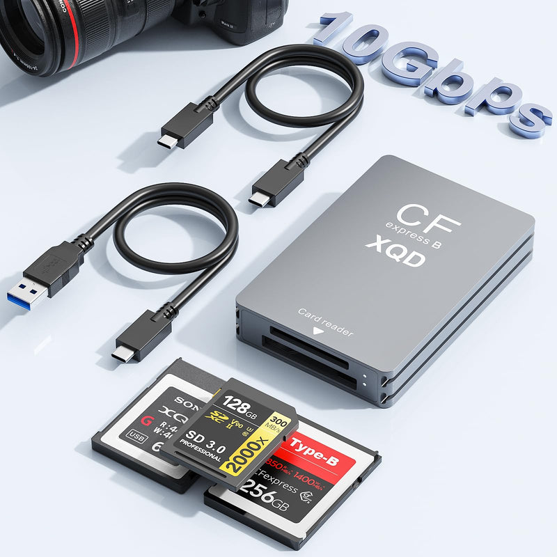 CFexpress Type B/XQD/SD Card Reader — 10Gbps CFexpress Type B Reader with USB 3.2 Gen2 Ultra Transfer Speed, USB-C&USB-A Cables,CFexpress Adapter Memory Card Reader for Windows/Mac/Android/Linux Small
