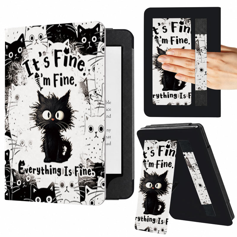 Cat Lover Gifts, Funny Black Cat Case for 7"/ 6.8" Kindle Paperwhite 12th/11th Gen, Everything is Fine PU Leather Cover with Auto Wake/Sleep, Birthday Gift for Cat Mom Lady