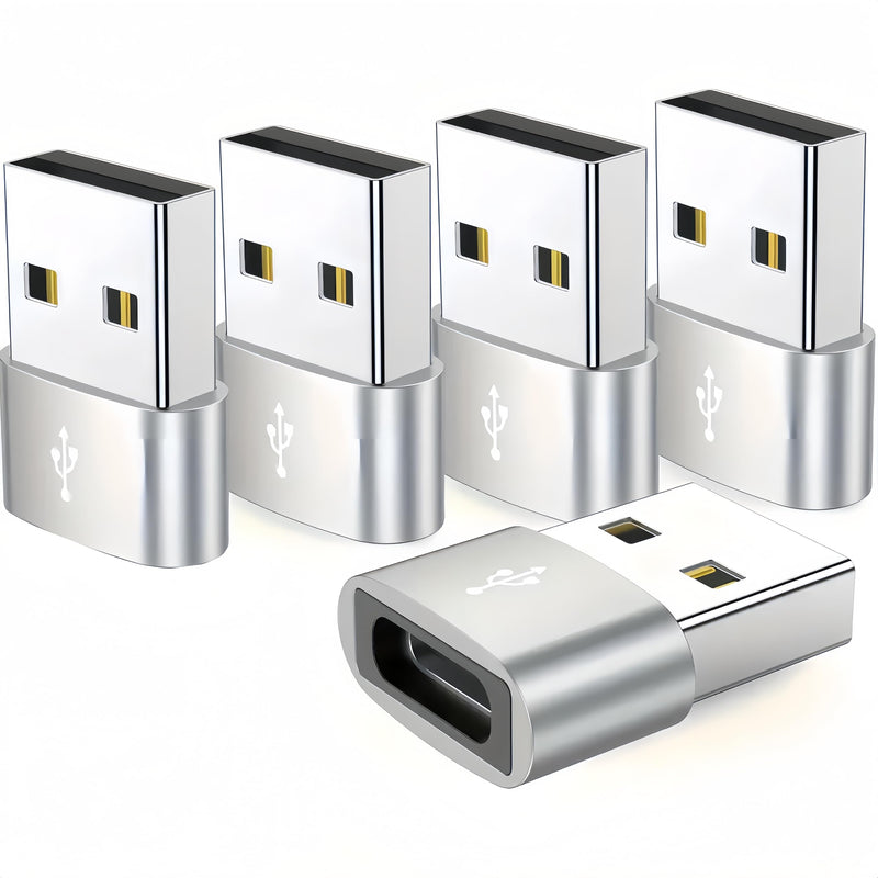 5Pcs USB A to Type C Adapter, Male to Female Charging Connector, Compatible with iPhone, iPad, AirPods, Apple Watch and Samsung Devices (Silver) Silver USB A to C Adapter Set (5 Piece)