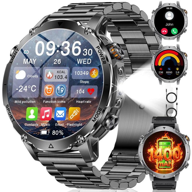 SUNKTA Military Smartwatch for Men 1400mAh Ultra Battery Fitness Smart Watch Answer/Make Calls, Heart Rate,Sleep Tracker, 100+Sports Mode, IP68 Waterproof Smartwatch for Android iPhone(2 Bands) Black