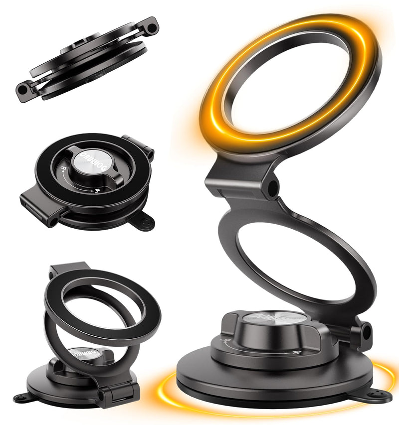 Upgraded Lock/Suction Cup Vacuum Magnetic Phone Holder，Adjustable&Foldable&Portable Zinc-Alloy Magnet Suction Phone Mount for Your Car/Dashboard/Desk/Windshield/Gym/Mirror,for iPhone Android