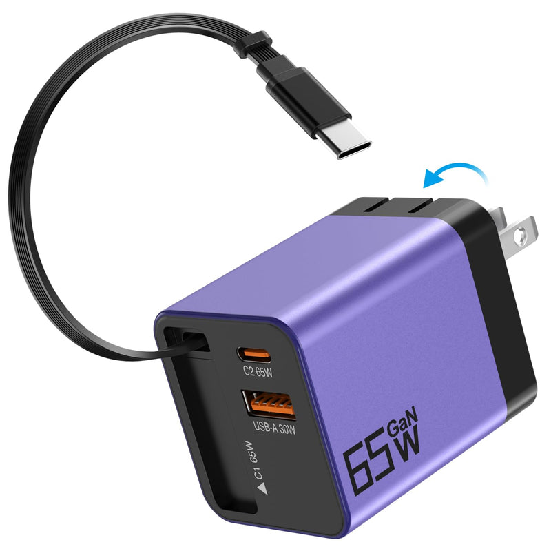 65W GaN USB C Charger 3-Port with Retractable 0.7m Cable(Purple) | Fast charging plug compatible with MacBook Pro/Air, iPhone 17/16/15, iPad, Galaxy S25/S24, Steam Deck and more devices Purple