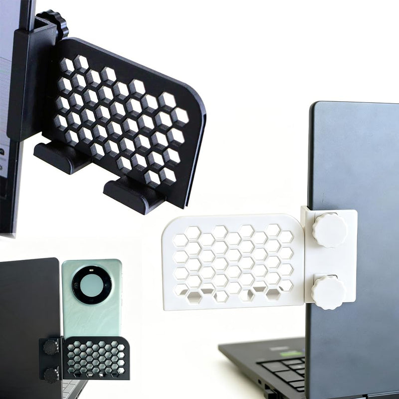 Adjustable Desktop Monitor Laptop Stand, Monitor Expansion Cellphone Bracket Side Mount Clip with Ventilation Hole, Universal Smartphone Holder for Flat Back Computer, 2 Pieces Black + White