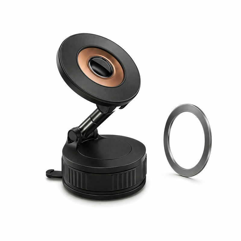 Vacuum Lock Magnetic Car Phone Holder, 5lbf Strong Suction, 360° Adjustable Triple-Axis Phone Stand, Reusable Washable PU Gel Base for iPhone 12-16 Series, Android Smartphones, Black