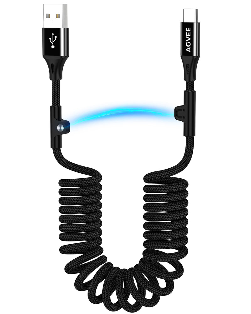 AGVEE 1.5ft Coiled USB-A to USB-C Cable [USB-IF Certified] Carplay | 3A Fast Charger Data Transfer Cord in Car for iPhone 17/16/15, Android Auto, Galaxy S26 S25 S24 S23 S22 S21 S10 S9, Pixel Black A to C