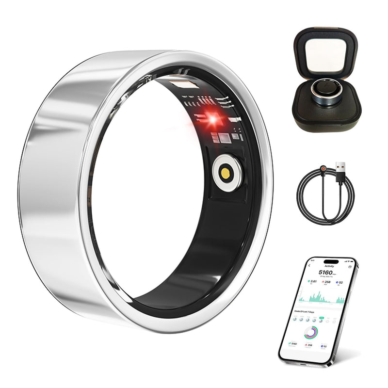 Smart Ring for Women Men Health Tracker Ring No APP Fee 7-Day Battery Life IP68 Waterproof Sleep Step Monitor (Silver, 9) Silver