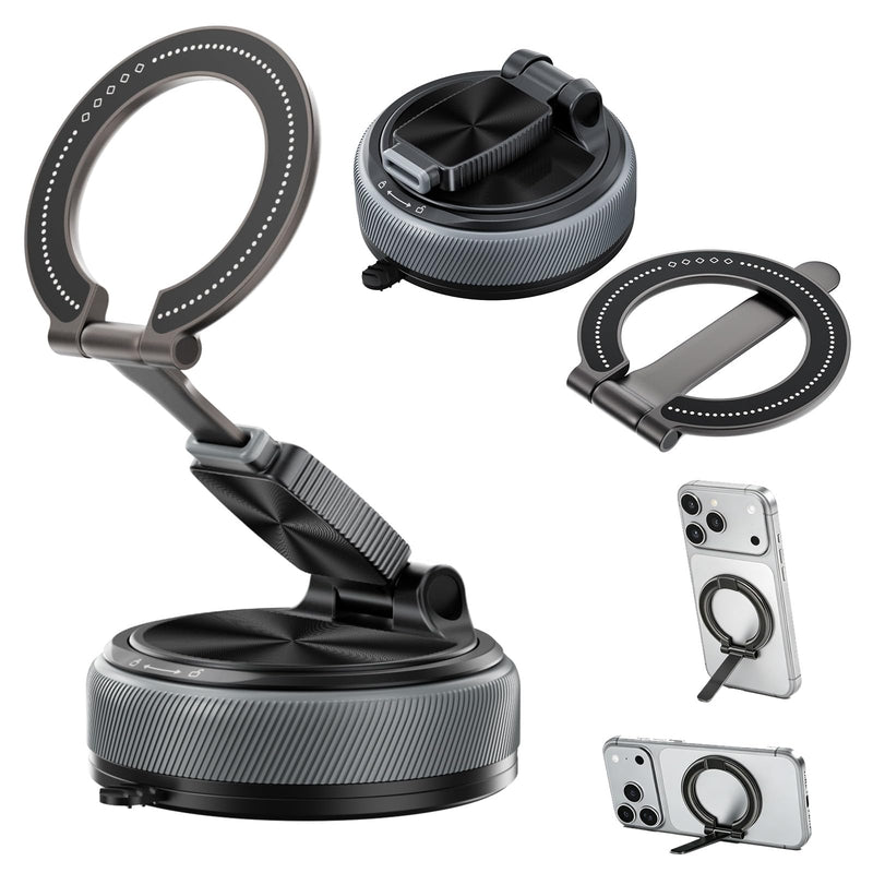 2-IN-1 Magnetic Car Phone Holder for Magsafe Phone Holders for Car-Gray | Vacuum Suction 360°Rotation Detachable Cell Phone Car Mount Compatible with iPhone12-17Series MagSafe Accessories Gray