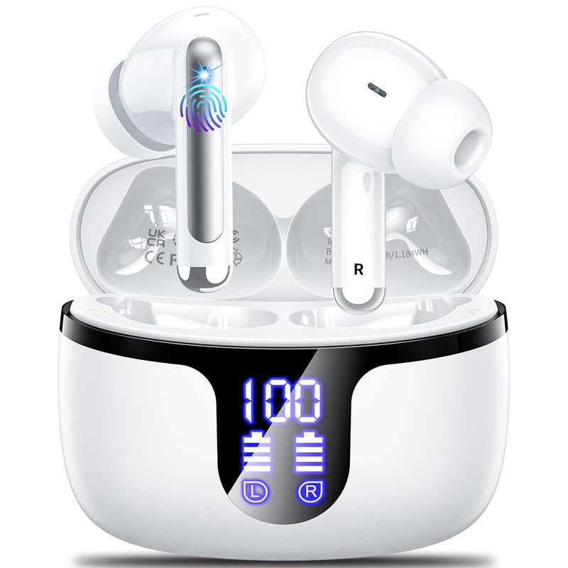 Wireless Earbuds, Bluetooth 5.4 ear buds with 4 ENC Noise Cancelling Mics, Bluetooth Earbuds with 48H Playtime, IPX7 Waterproof Workout earbuds, White headphones HiFi Sound LED Display for iOS Android