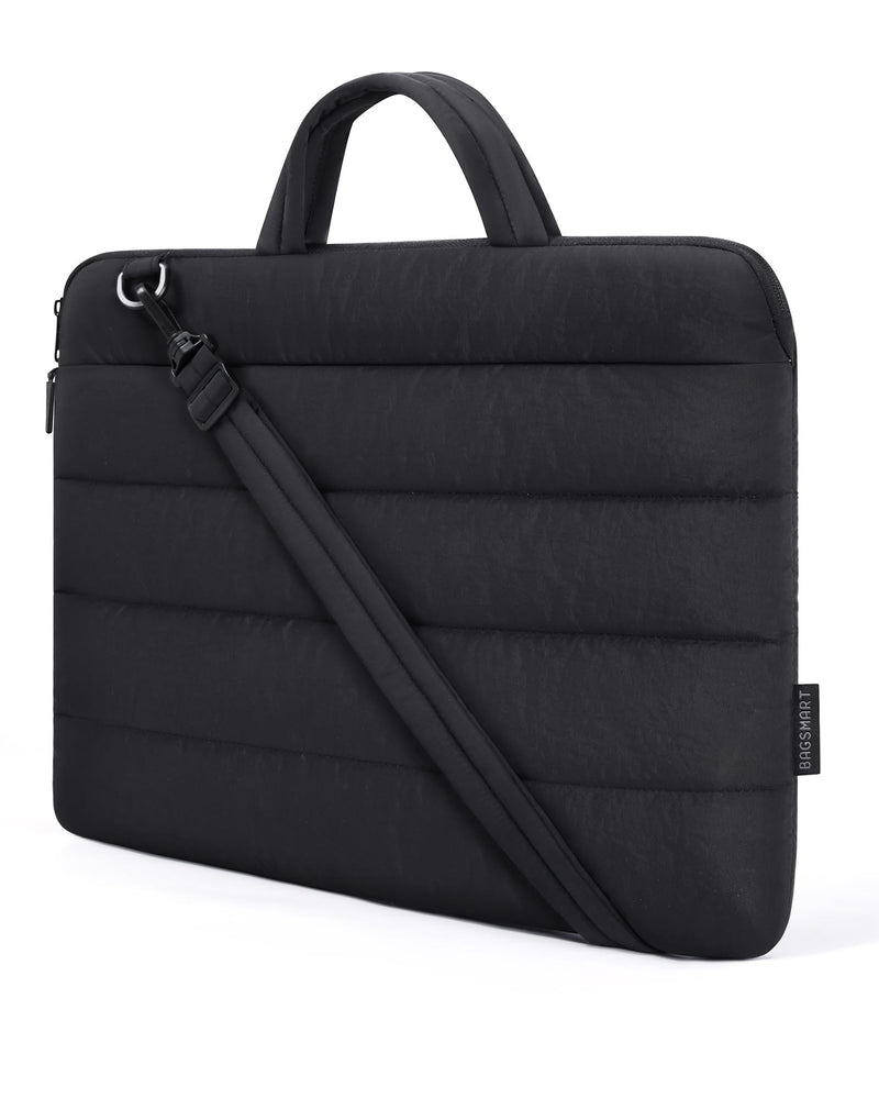 BAGSMART 13-14 Inch Laptop Sleeve with Pocket Puffy Laptop Case for Work | Quilted Laptop Bag for Women with Strap, Portable M5 Macbook Air 13/Pro 14, HP, Dell, Lenovo, ASUS for Trip S-Black 13.3-14 inch