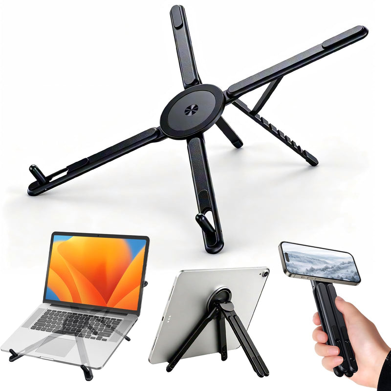 3-in-1 Portable Laptop Stand, Magnetic Tablet Phone Holder Mount | 8-Tier Ergonomic Lift Riser, Infinite Multi-angle Adjustable, N55 Strong Magnetic, Pocket Size for Travel, Vlog, Office Zoom Black