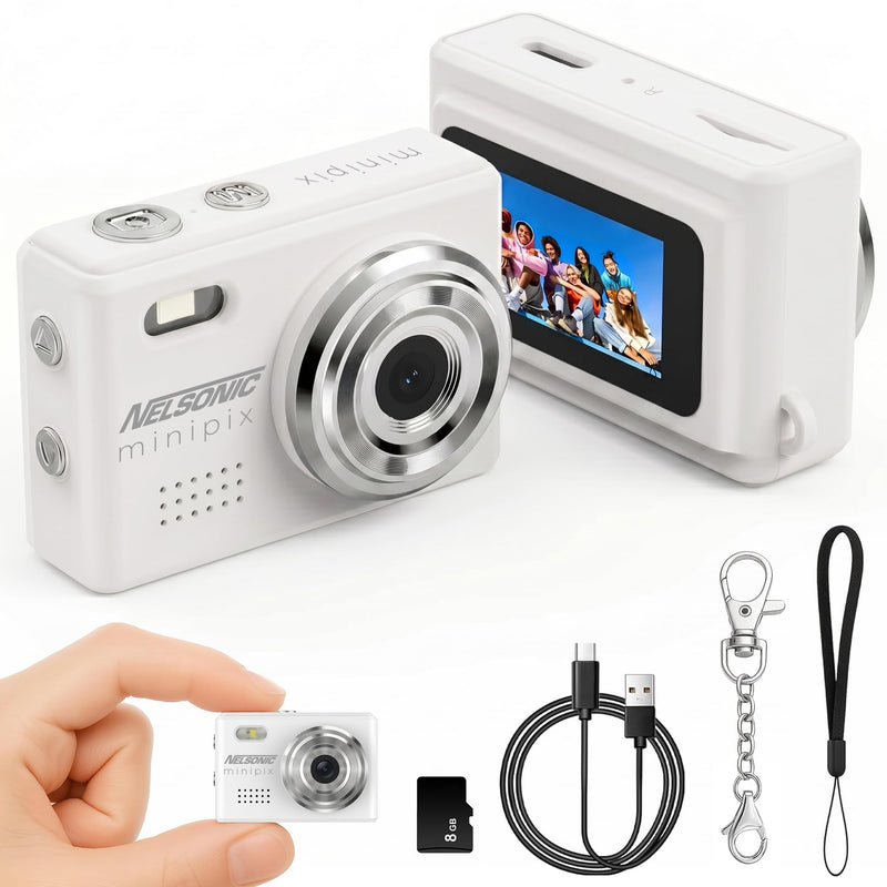 MiniPix 1080P Digital Keychain Camera, 8GB Card, USB-C, White | 0.96-inch color screen, 1MP sensor, photo/video capture, pocket size, clip-on design, rechargeable, travel, gifts, teens, 6+