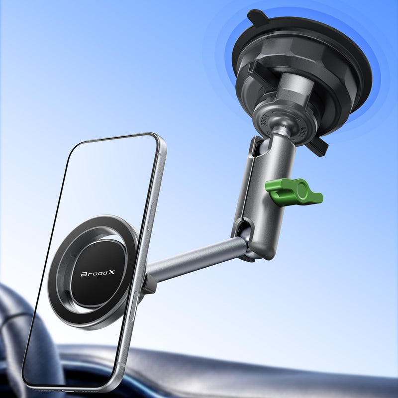 Broodx Magnetic Car Phone Holder, Windshield/Dash Metal Suction Cup Mount | Solid Metal Frame, 360° Rotatable, Strong Suction & Magnetic Force, Easy Installation