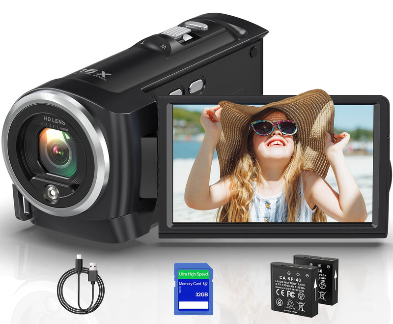 2.7K Video Camera Camcorder QHD 56MP YouTube Vlogging Cameras | 16X Digital Zoom Camcorders Webcam with 32G SD Card 270 Degree Rotation Screen and 2 Batteries Recording While Charging Dark Black
