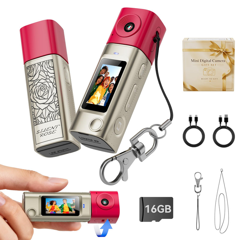 Mini Keychain Digital Camera:2K Digital Mini Camera with 16GB Card,Vintage Keychain Video Camera, 1" HD LCD Display, 400mAh Battery Portable Small Cameras with Elegant Gift Box for Travel,Kids,Gifts Gilt
