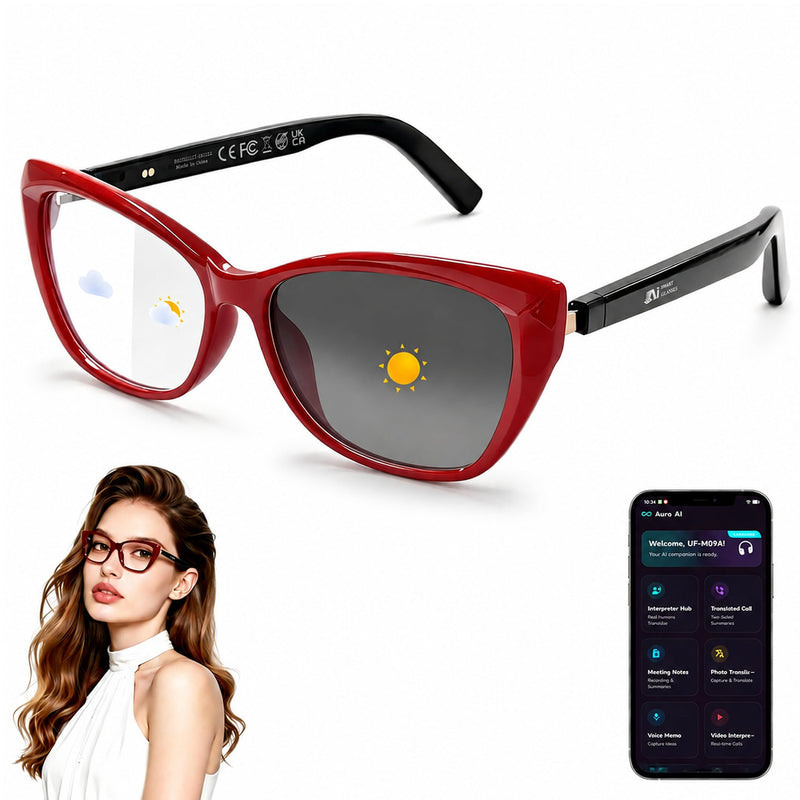 AI Smart Glasses for Women Men, Bluetooth Glasses, Butterfly Frame Red | AI Assistant with Free App, Photo Translation, Open-Ear Audio, Lightweight，Photochromic Lenses for Shopping Travel Daily Wear Red-Fashion butterfly frames